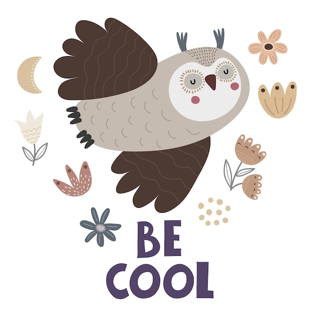 Vector be cool cartoon owl hand drawing lettering decor elements