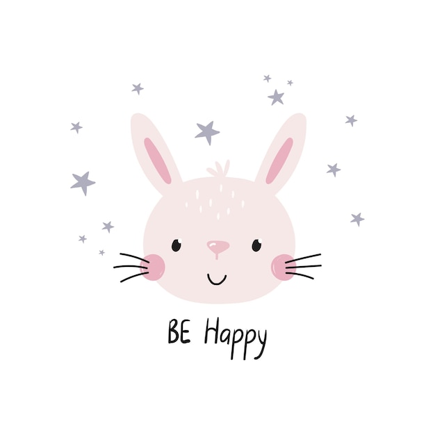 Vector be happy lettering cute little buny  vector illustration fun print for baby with character bunny