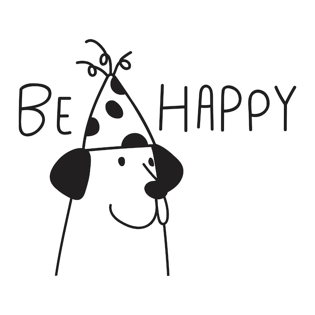 Vector be happy. outline icon. funny dog wearing party hat. vector illustration.