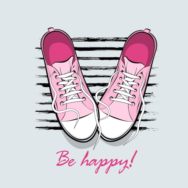 Be happy pop art drawing sneakers shoes kitsch colored comic text pair sporty shoes