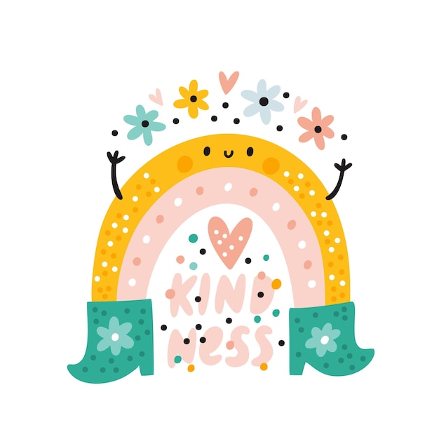 be kind print cute pacifist rainbow with heart and flowers cartoon character baby hippie peaceful