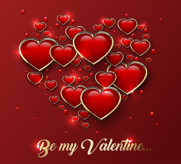 Be my valentine greeting card with glossy 3d heart in golden frame and light effect. red background, vector volume illustration