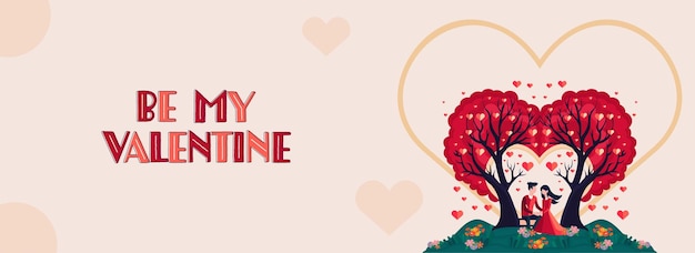 Be my valentine цитата с романтической парой, сидящей под деревьями сердец в природе, вид на счастливую концепцию дня святого валентина