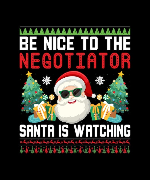 협상가에게 친절하게 대하세요 산타가 티셔츠를 보고 있습니다