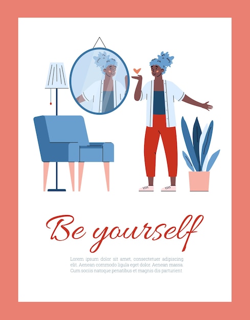 Вектор Будь собой открытка или плакат с векторной иллюстрацией самоуверенной женщины