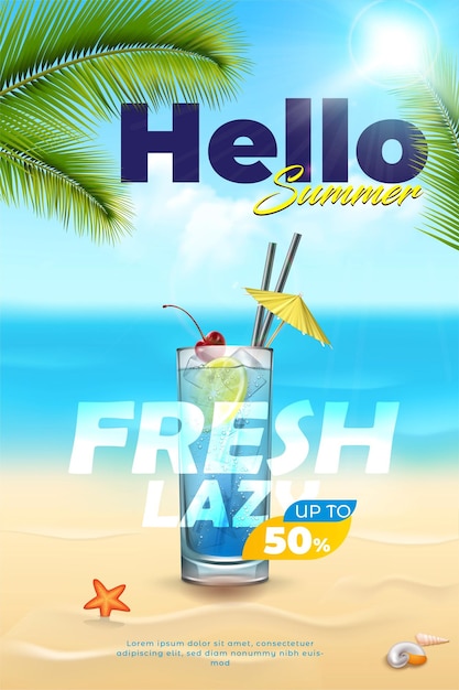 ビーチの背景 フルーツドリンク 夏のプロモーションポスター