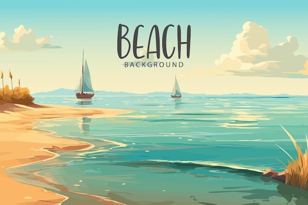 Vector beach background with sailboats on the sea and the sky with clouds