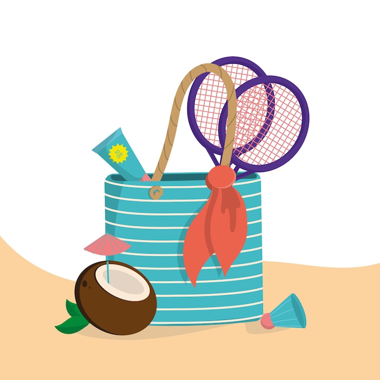 Vector 다양한 비치 아이템이 있는 모래 위의 비치 백.