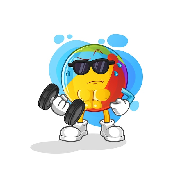 Beach ball lifting dumbbell vector. cartoon character