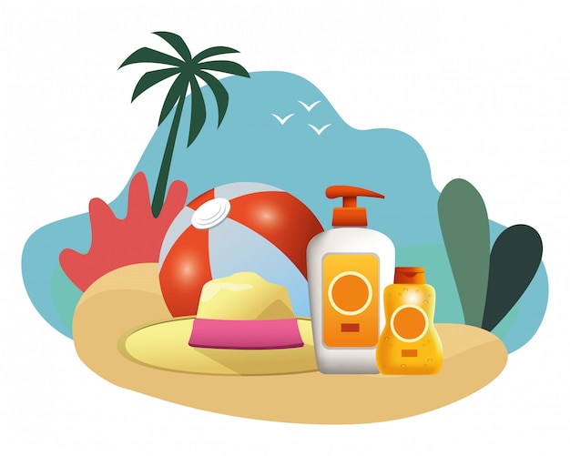 여름 모자와 함께 해변 공 및 태양 브론저