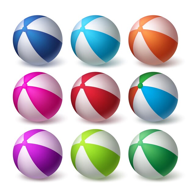 Beach Balls Vector Set in Colorful 3D Realistic Rubber or Plastic Material Isolated