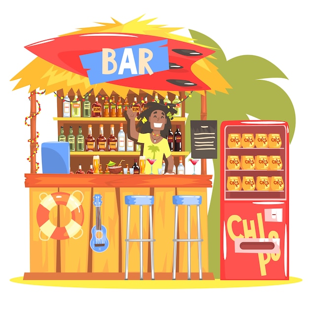 Vector beach bar in tropical style design with smiling resta barman