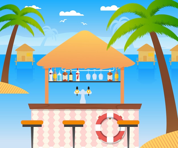 Vector beach bar with selling cold alcohol drinks and water. wooden summer restaurant with flotation ring panoramic tropical seascape with water houses. palms coconut trees, chairs. vector flat illustration