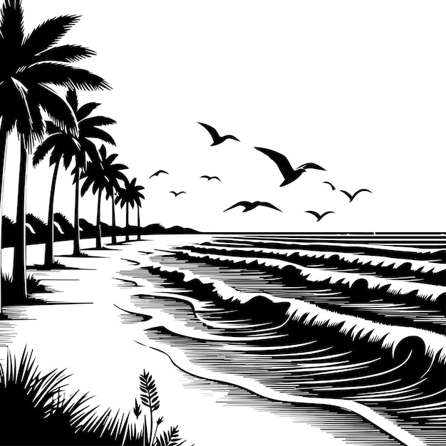 Vettore beach black and white silhouette design vector (vettore di disegno di silhouette in bianco e nero)