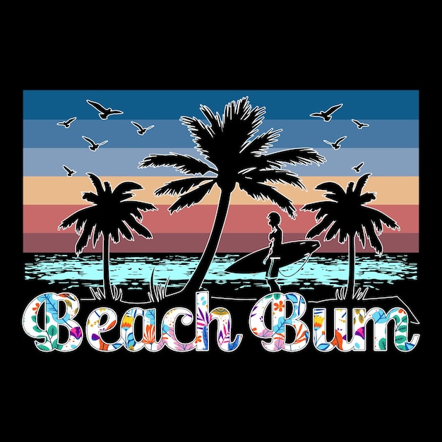 Vector beach bum surfing beach sunset zomer sublimatie t-shirt ontwerp