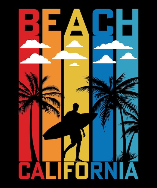 Beach california palm tree surf stile retrò vintage tshirt design vector