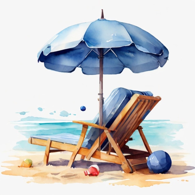 Vector beach chair blue umbrella and ballsummer holiday time