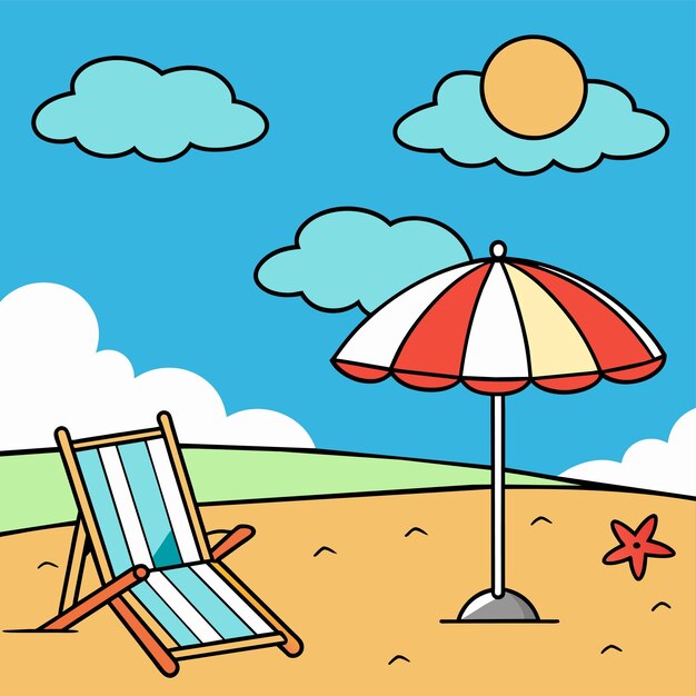 Vector beach chair landscape summer holidays vacation loungers umbrellas hand drawn flat stylish