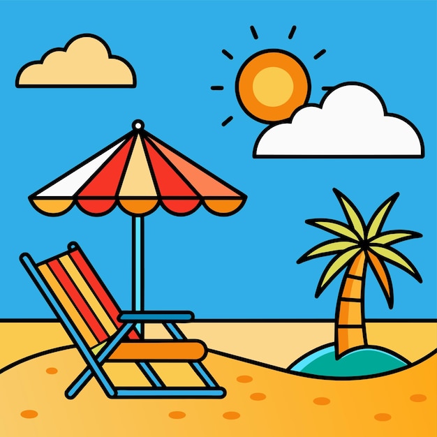 해변 의자 풍경 여름 휴가 휴가 침대 우산 손으로 그린 평평한 스타일