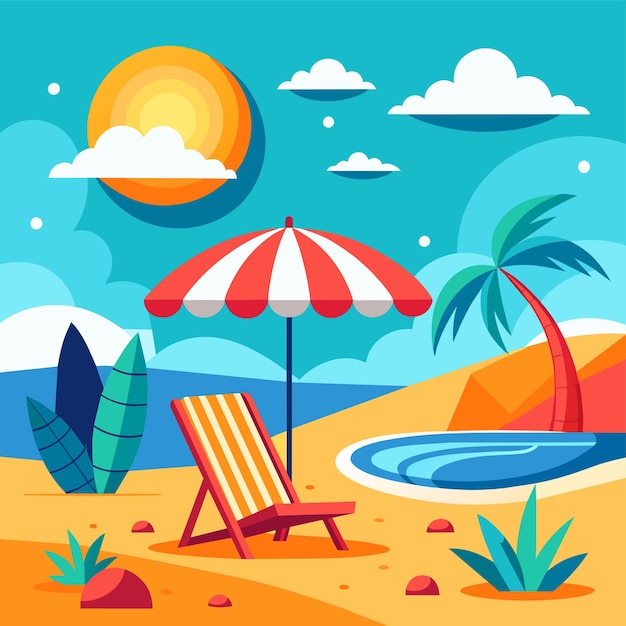 Vector beach chair landscape summer holidays vacation loungers umbrellas hand drawn flat stylish