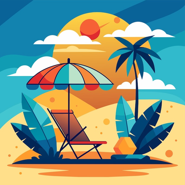 Vector beach chair landscape summer holidays vacation loungers umbrellas hand drawn flat stylish