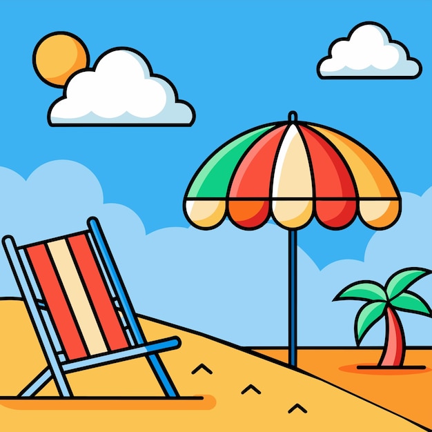 Vector beach chair landscape summer holidays vacation loungers umbrellas hand drawn flat stylish