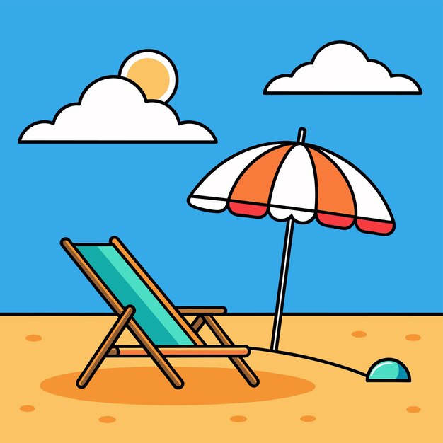 Vector beach chair landscape summer holidays vacation loungers umbrellas hand drawn flat stylish