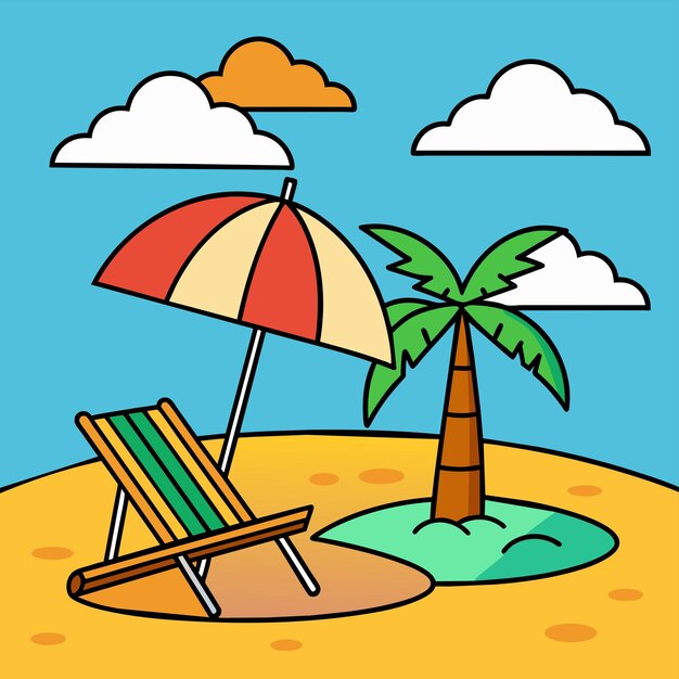 Beach chair landscape summer holidays vacation loungers umbrellas hand drawn flat stylish