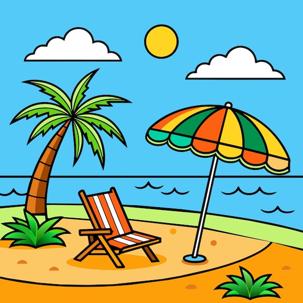 Vettore sedie da spiaggia paesaggio vacanze estive lettini da vacanza ombrelli disegnati a mano piatti eleganti