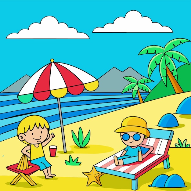 벡터 해변 의자 풍경 여름 휴가 휴가 침대 우산 손으로 그린 평평한 스타일