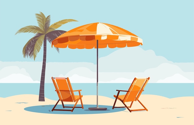 Beach chair palm tree and umbrella background Beach Landscape vector illustration