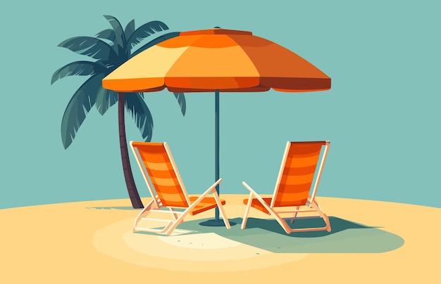 Beach chair palm tree and umbrella background Beach Landscape vector illustration