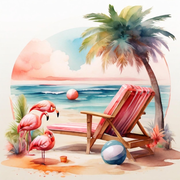 Vector beach chair umbrella and ball inflatable flamingo summer holiday time