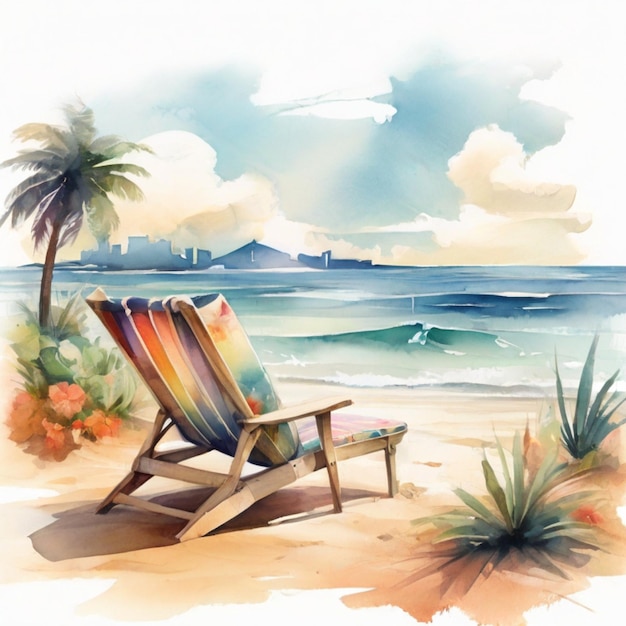 ベクトル 傘とボールのビーチチェア 夏休みの時間 水彩