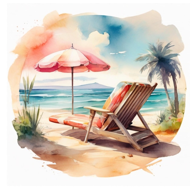 Vector beach chair with umbrella and ballsummer holiday timewatercolor