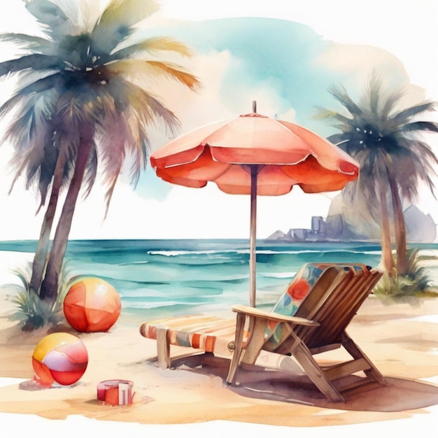 Vettore sedile da spiaggia con ombrello e palla tempo delle vacanze estive acquerello