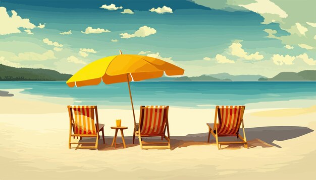 Vettore sedie da spiaggia con ombrello giallo e cocktail sulla spiaggia di sabbia sullo sfondo del cielo con