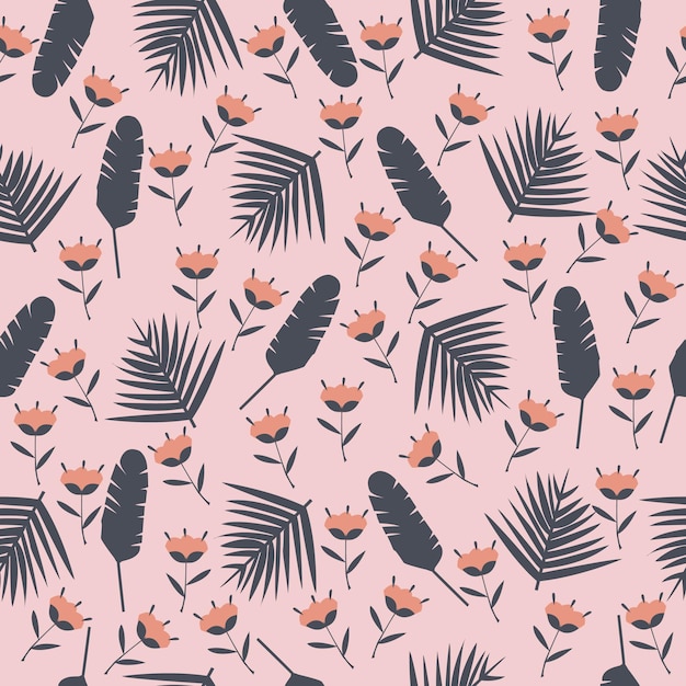 Beach cheerful seamless pattern wallpaper of tropical dark leaves of palm and flowers Vector