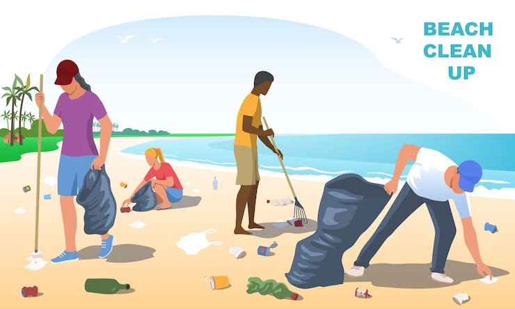 Vector beach clean up group of men and women with garbage bags collecting trash on shoreline people care