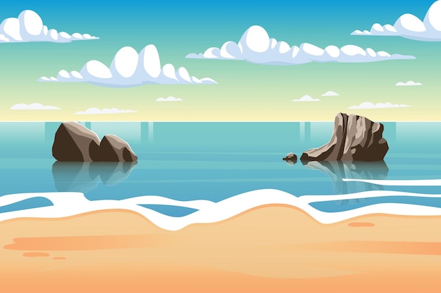 Beach coastline sea ocean scenery at day light with sun and clouds background vector illustration