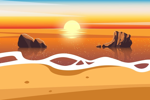 Paesaggio dell'oceano del mare della linea costiera della spiaggia all'illustrazione di vettore del fondo di tramonto