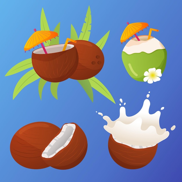 Пляжный коктейль с кокосом и пальмовым листом. Летний тропический кокос с брызгами молока. Свежие тропические фрукты.