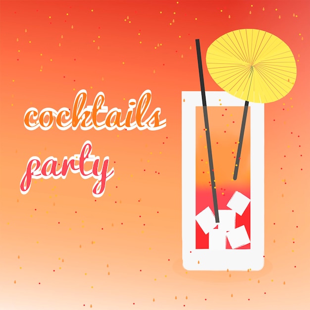 Beach cocktail with ice and straw vector flat illustration