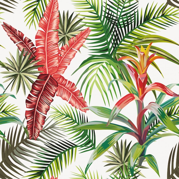 Beach composition of tropical leaves and plants seamless pattern wallpaper