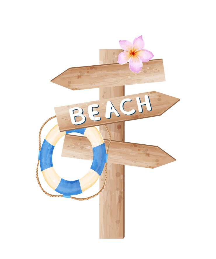 Vector beach composition with wooden signpost with lifebuoy vector watercolor illustration isolated