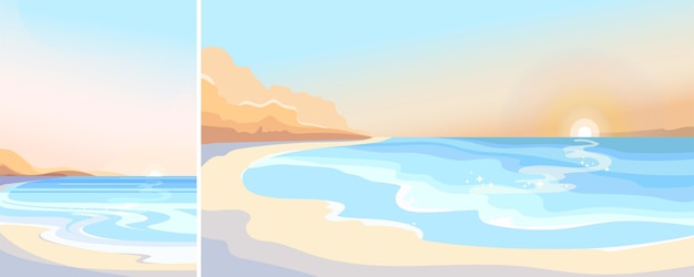 Vector beach at dawn. beautiful seascape in vertical and horizontal orientation.