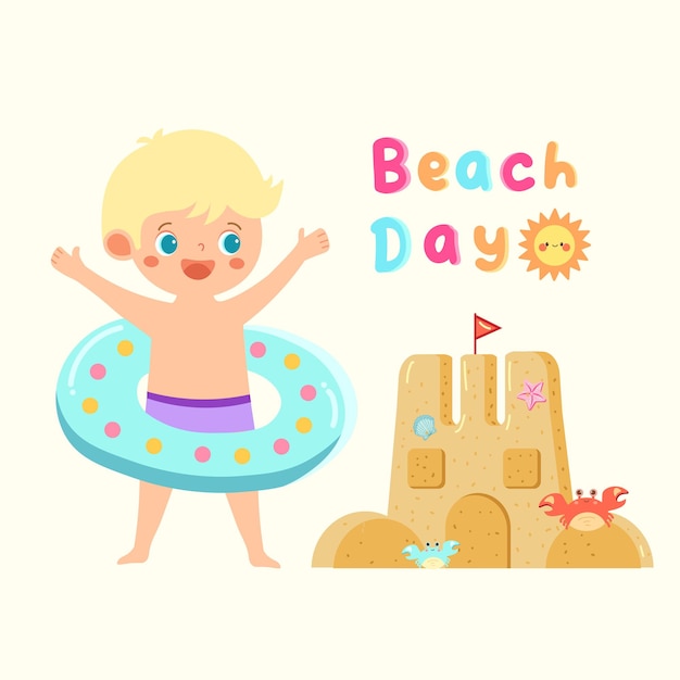 Beach Day Cute Hand Drawn Vector Illustration Happy Boy Summer Kids Clip Art
