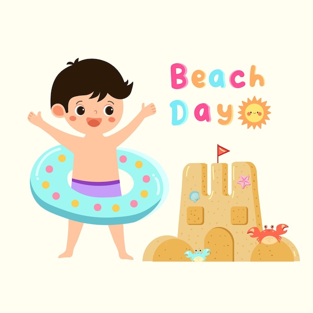 Beach Day Cute Hand Drawn Vector Illustration Happy Boy Summer Kids Clip Art