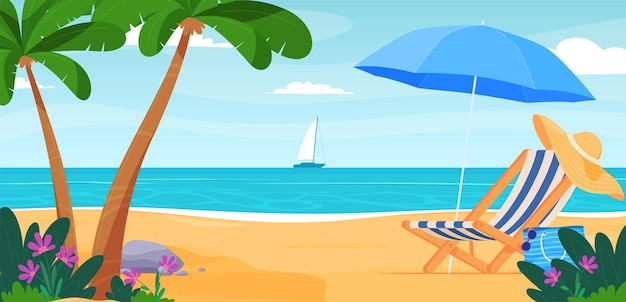 Beach deck chair with umbrella Summer vacation on a sandy beach Happy hot vacation Vector illustration