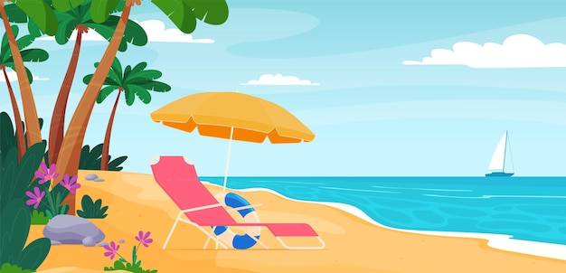 Beach deck chair with umbrella Summer vacation on a sandy beach Happy hot vacation Vector illustration